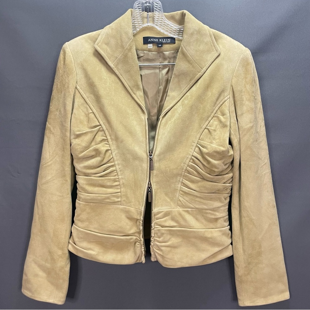 ANNE KLEIN New York 100% suede XS side rutched zippered blazer tan/yellow colour